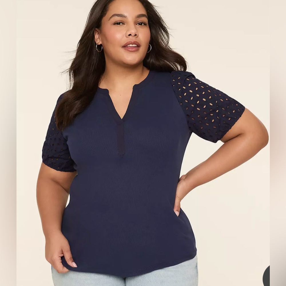 NEW NWT Lane Bryant Women's Eyelet-Sleeve Notch-Neck Rib Top Size 18W/20W Blue